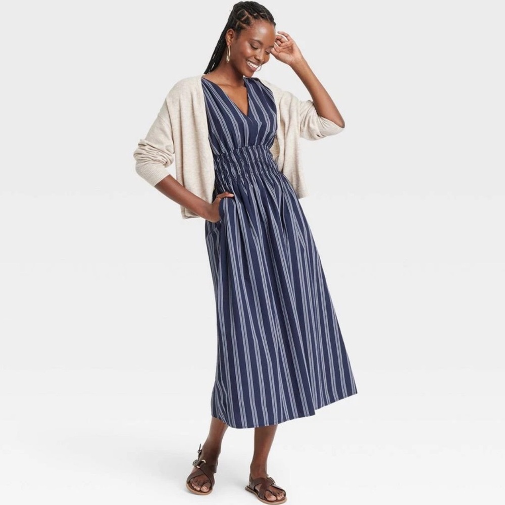 Women's Midi A-Line Dress - Universal Thread Navy Blue Striped XL - Picture 2 of 3